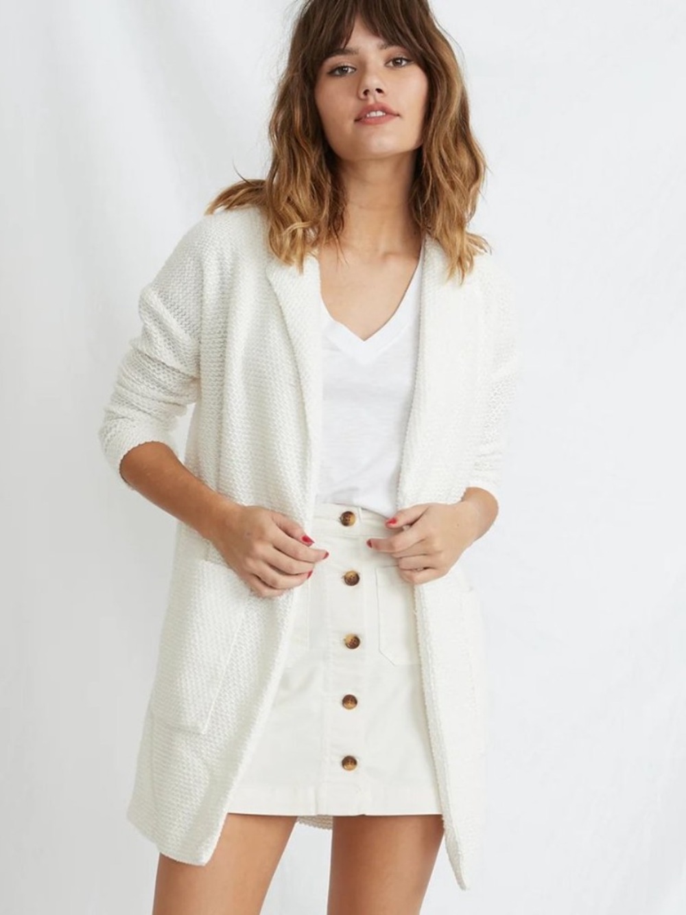 Marine Layer Birdseye Boucle Knit Textured Collared Cardigan White Sz Medium